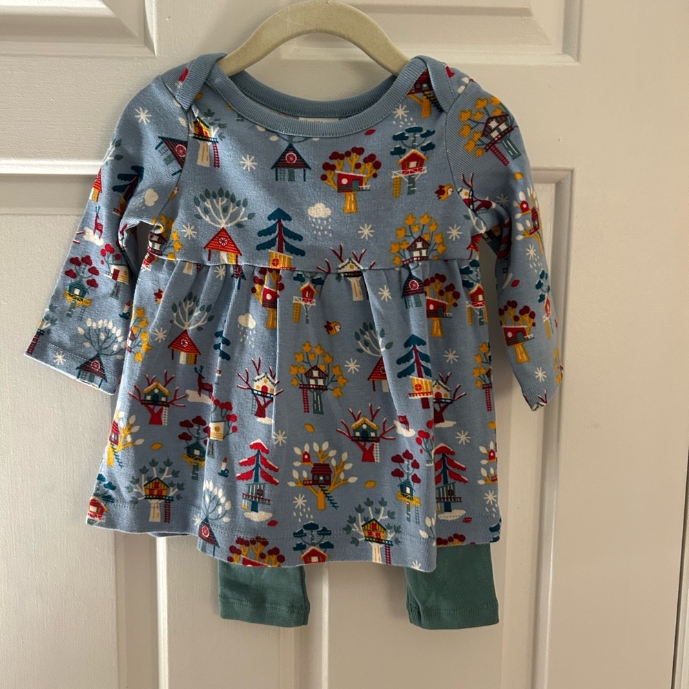 Hannah Anderson Blue Long Sleeve Dress Colorful winter Print w leggings 3-6month